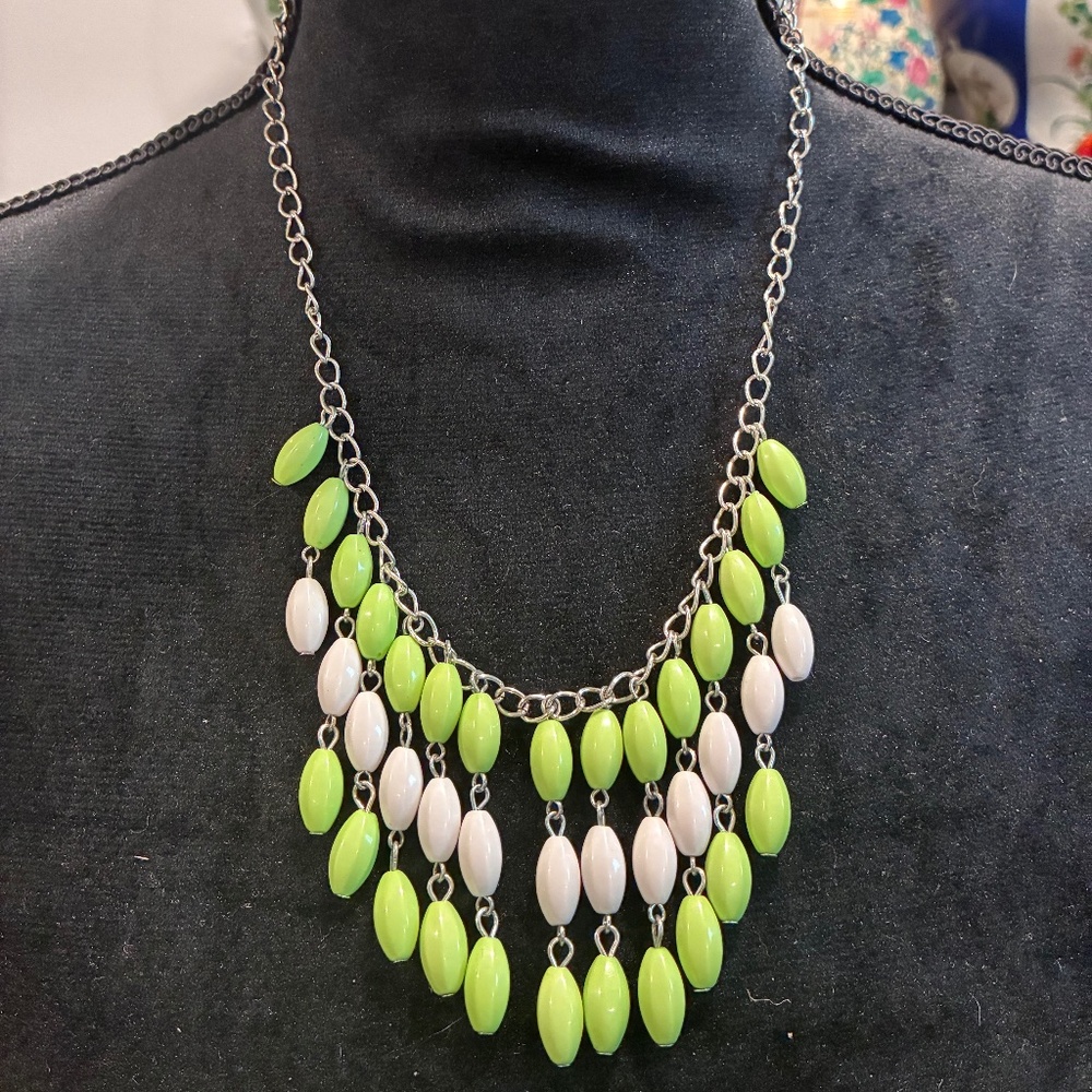 Green & White Beaded Cascade Necklace - Eye Catcher!